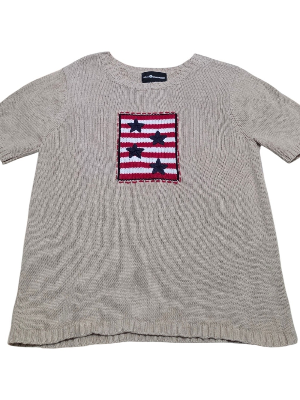 Sag Harbor Beige Crewneck Sweater with Red, White & Navy Flag Patch